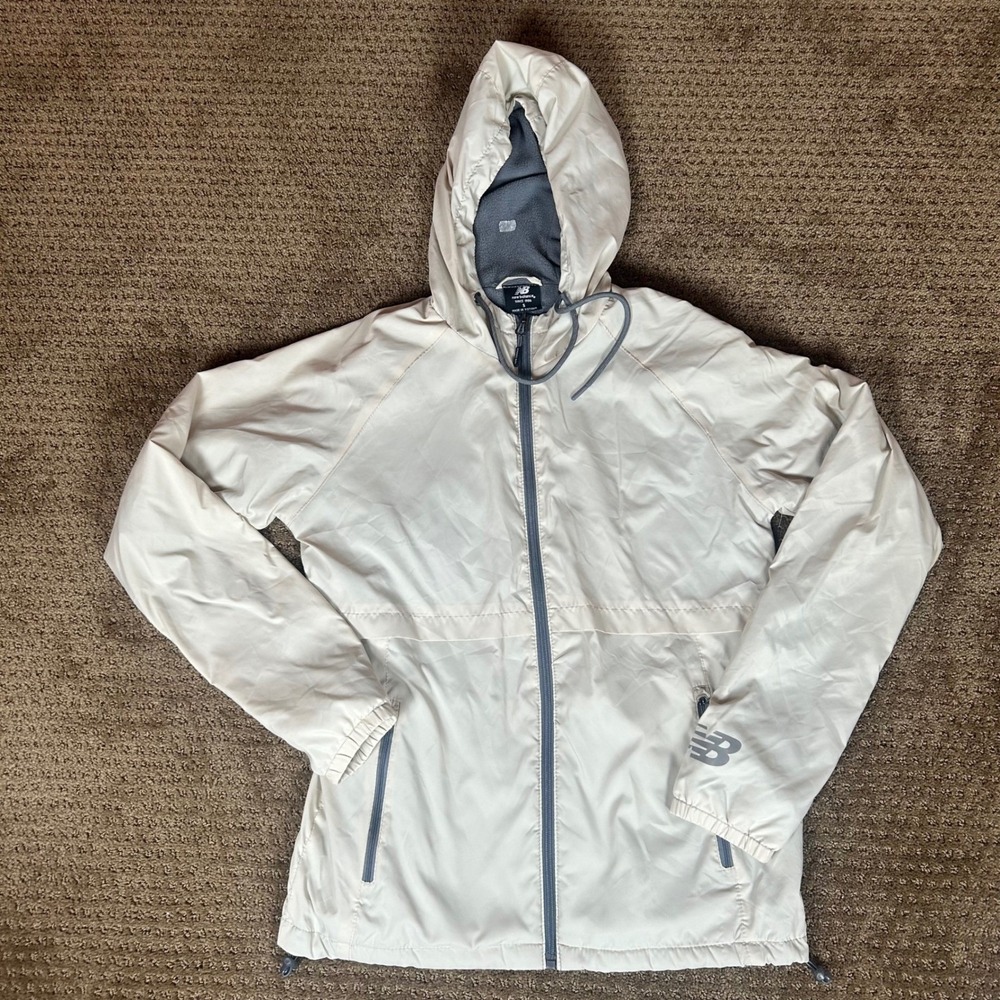 New Balance Windbreaker Jacket Womens Small Cream Fleece Lined Full Zip Hooded